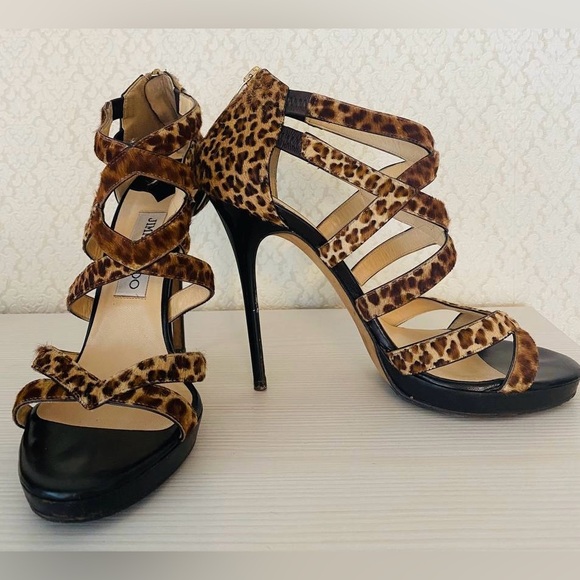 Jimmy Choo Leopard Print Strappy Platform Heels Sandals Size 38 - Picture 1 of 12
